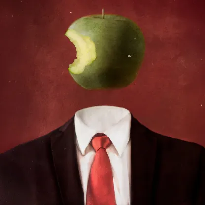pastiche of a Rene Magritte painting a suit with no head with a green apple with chunk bitten out of it